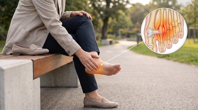 Woman Experiencing Foot Pain with Anatomical Illustration of the Foot in a Park