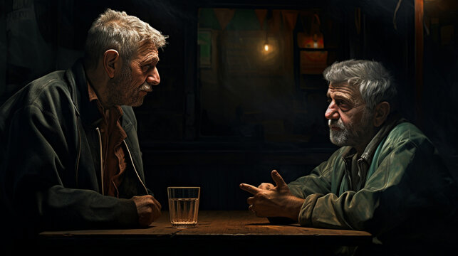 Two men in their 50s listen to each other during an empahtetic conversation. Ultraphotorealistic
