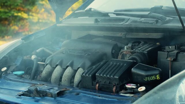Static shot of car engine bay emitting smoke under an open hood of a blue parked vehicle on side of the road, suggesting overheating or mechanical failure for auto repair and safety themes.