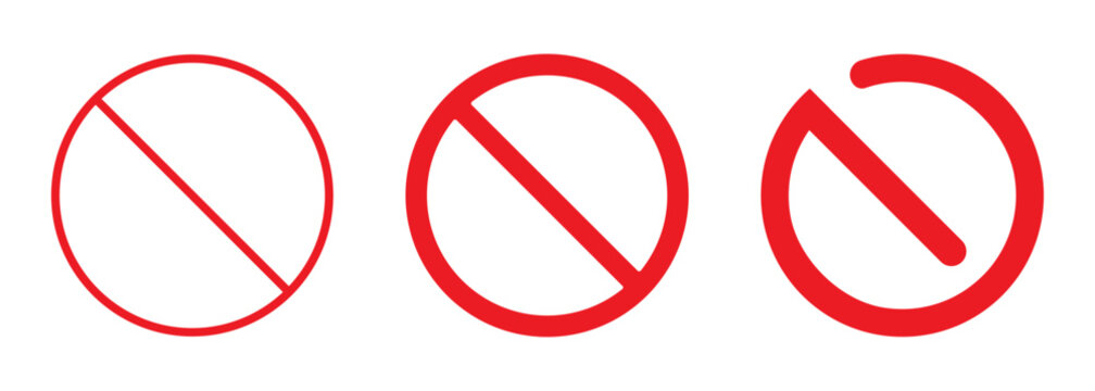 Prohibited circle signs set. Bold and thin forbidden red icons. Not allowed stop symbols isolated on white