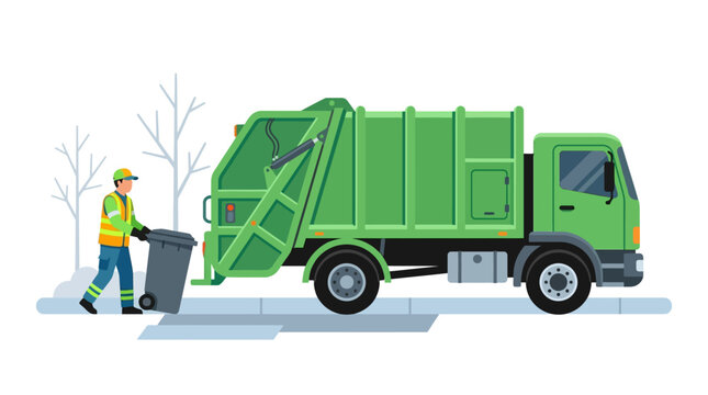 Green garbage truck and sanitation worker in high-visibility safety vest collecting a grey trash bin on a city street, flat vector illustration for municipal waste management services.