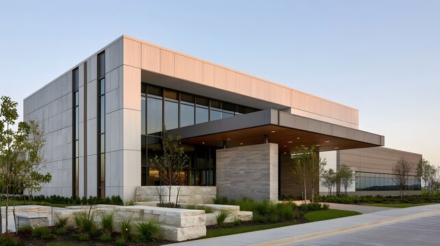 A modern architectural building with glass   stone cladding  and a wooden overhang under clear sky