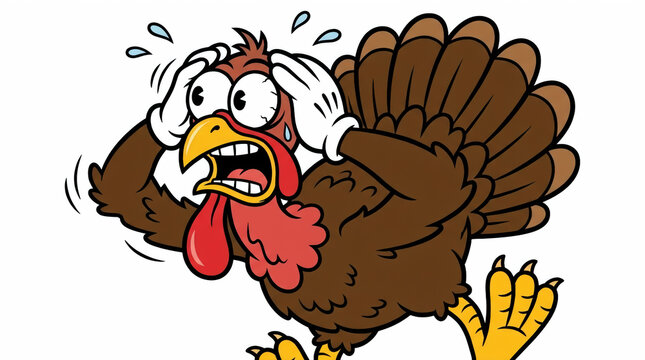 A funny cartoon illustration of a panicked turkey character with wide eyes and hands on head, expressing extreme stress or fear, isolated on a clean white background.
