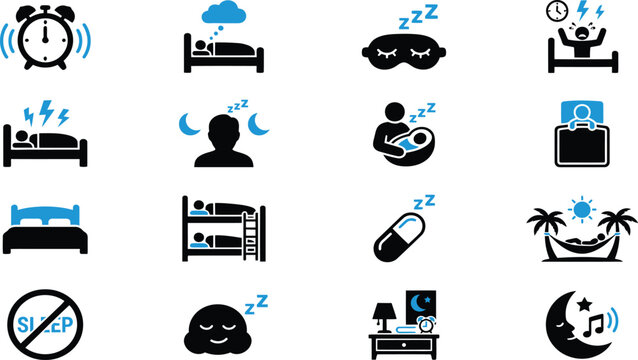 Healthy sleep hygiene and insomnia problems glyph icon set featuring bedtime routine nightmares and relaxation vector