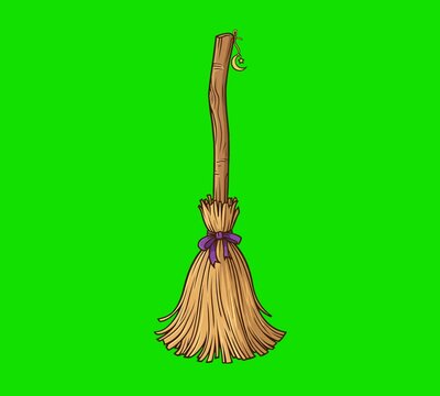 Magic wooden broom with purple ribbon and gold moon charm on green background