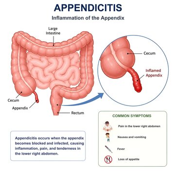 Swollen Appendix in Appendicitis &ndash; Human Abdominal Anatomy Concept