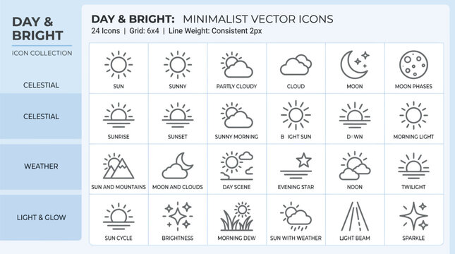 Minimalist weather and celestial vector icons, 24 line art symbols for day and bright themes, sun and moon interface elements