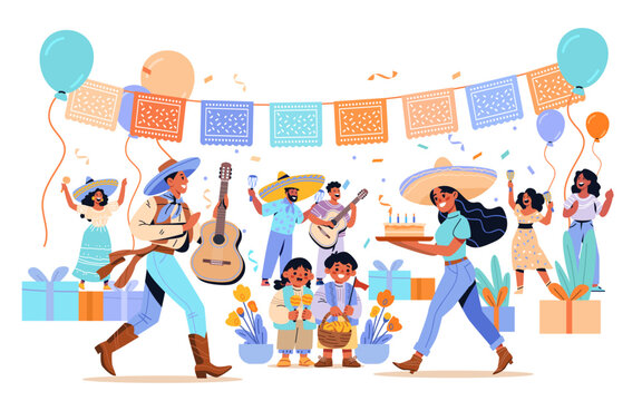 Mexican fiesta celebration traditional costumes music dancing cake balloons papel picado festive party scene family friends gifts confetti flowers