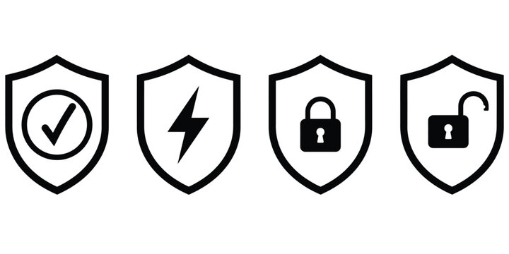 Shield security icons set with checkmark, lightning energy, locked and unlocked padlock symbols, flat line art vector illustration for cybersecurity and protection concepts
