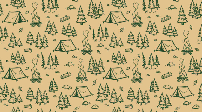 Hand drawn camping seamless pattern with tents, bonfires and pine trees on beige background
