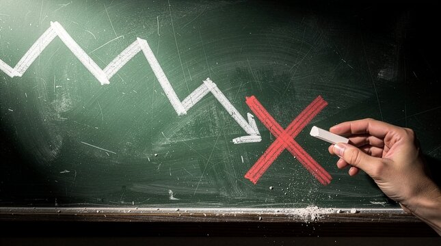 A hand holding a white chalk next to a red cross symbol drawn over a downward zigzag arrow on a scratched green blackboard, symbolizing stopping business failure and implementing crisis solutions
