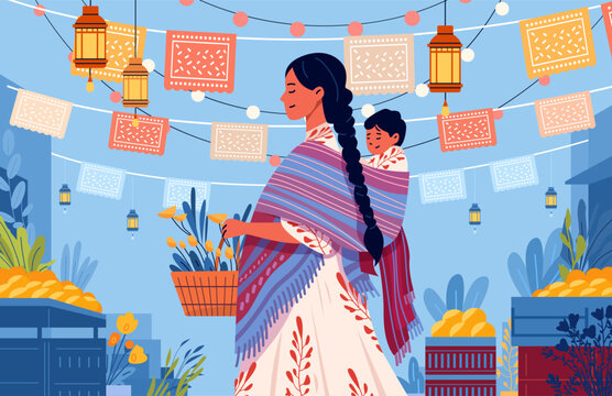Mexican woman traditional clothing carrying child marketplace festive papel picado lanterns flowers vibrant colors outdoor celebration
