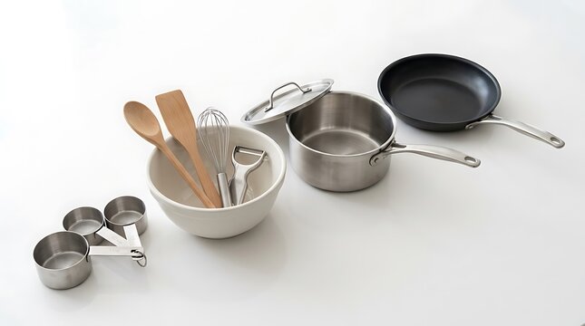 Set of stainless steel cooking pots and kitchen tools for preparing food at home in a professional kitchen. beginner cooking kit