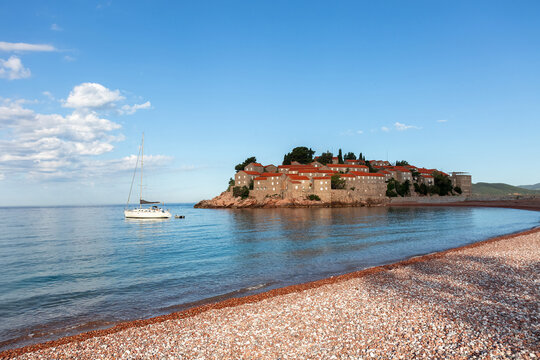 Old town on the island of Sveti Stefan is a famous landmark in Montenegro. Balkans.