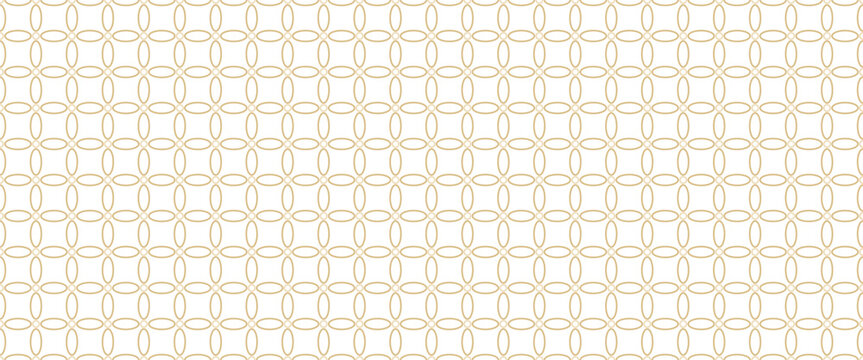 Seamless pattern of interlocking gold ovals and small circles on a white background, geometric minimalist wallpaper texture