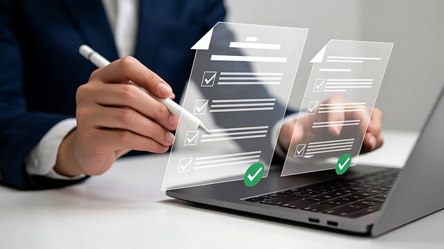 Business person using a stylus to sign digital documents on a transparent screen with a laptop