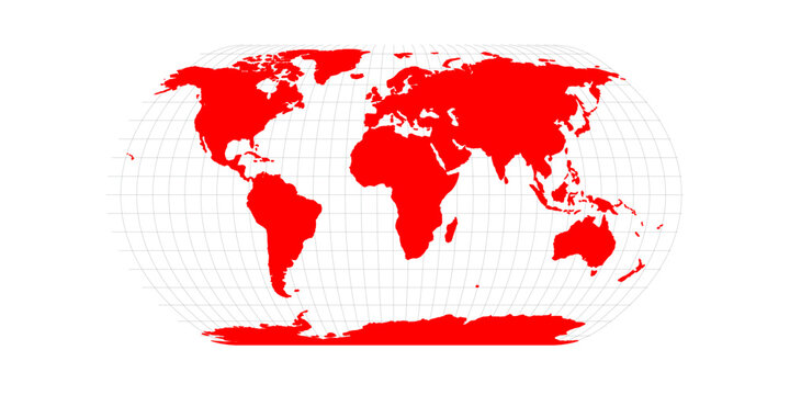 High-contrast vector world map featuring a solid red silhouette fill, distinct country borders, a detailed curved latitude-longitude coordinate grid, and Antarctica.