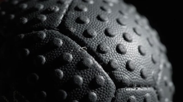 Close-up of a black textured ball with dimpled surface, highlighting its intricate design and tactile feel.