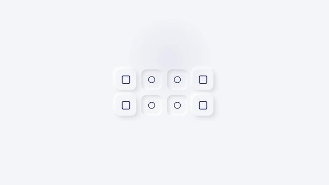 Neomorphic ui elements in soft white color with symmetrical grid layout for minimalist design purposes. Ideal for modern website interface.