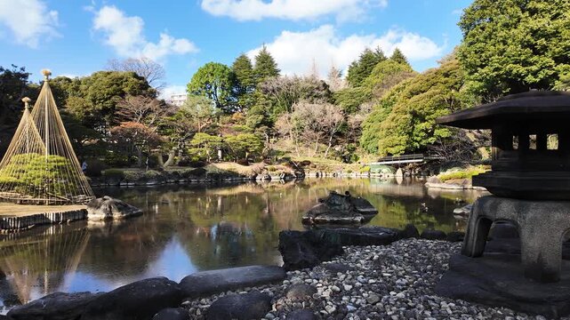 POV panning right to left over traditional Japanese garden pond in winter Tokyo
