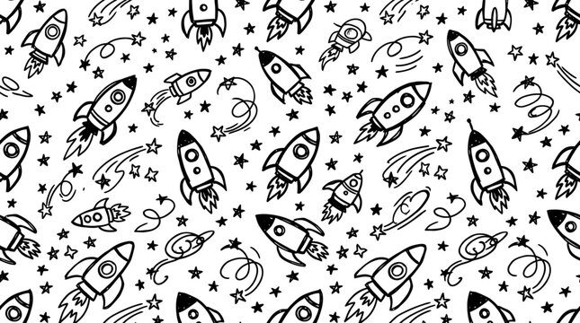 Hand drawn doodle seamless pattern with space rockets, stars, and comets in black and white style
