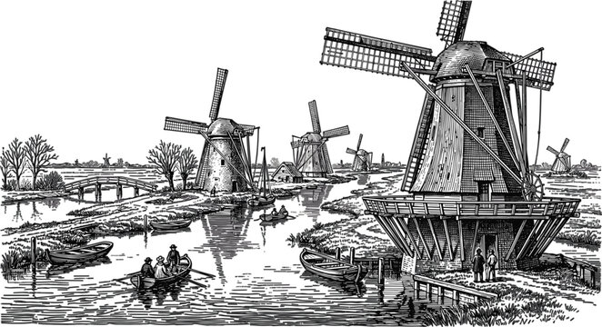 Vintage Traditional Dutch Windmills Woodcut Engraving Vector with Antique Netherlands Rural River Landscape Rowing Boats and Historic Wooden Watermills