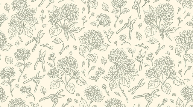 Hand drawn seamless pattern with hydrangea flowers and garden shears in vintage engraving style