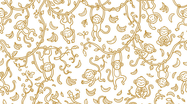 Golden monkey pattern with playful animals swinging on jungle vines and eating bananas