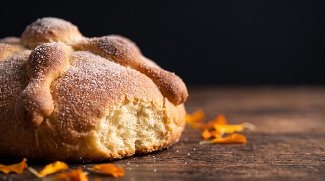 Pan de muerto bread with marigold petals on wooden table