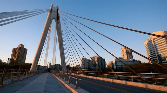 A modern cable stayed bridge with tall white pylons and diagonal cables spans over a cityscape under a clear blue sky during golden hour