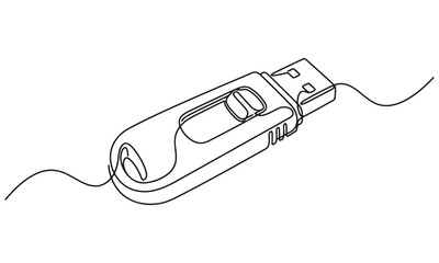 Obraz premium Continuous single line of a portable usb flash drive storage device, isolated on a white background, representing data storage, file transfer, and digital memory hardware technology