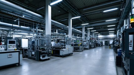 Obraz premium Modern industrial interior with hinery overhead pipes and fluorescent lighting in a large factory space