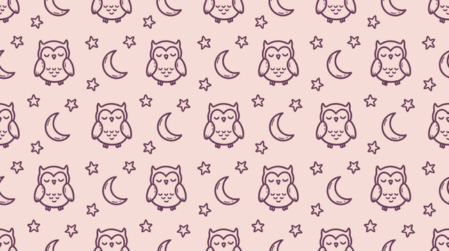 Seamless pattern with cute outlined owls, crescents and stars on a soft pink background