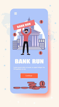 Bank run financial crisis panic withdrawal concept man holding sign in front of bank coins dollar symbols mobile app screen