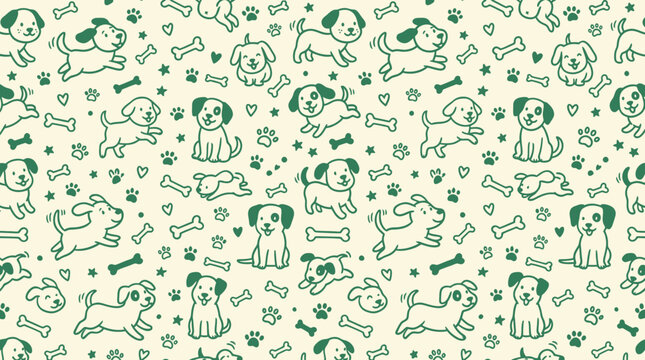 Seamless vector pattern with cute playful puppies, bones, and paw prints in green and beige