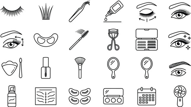Eyelash extension and brow beauty salon vector icon set featuring false lashes, tweezers, glue, curler, mascara brush, and makeup tools.