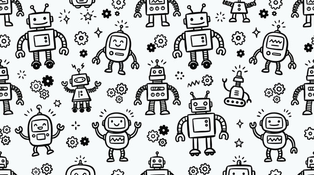 Seamless pattern with cute doodle robots and gears in black and white hand-drawn style