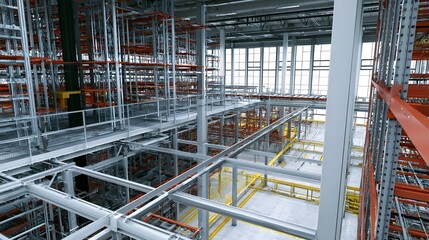Obraz premium Modern automated warehouse interior with multi level storage racks metal walkways and large allowing natural light