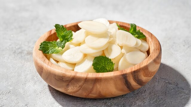 Fresh garlic cloves in wooden bowl with mint leaves