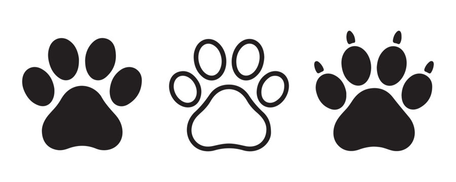 Collection of various black paw prints and shoe footprints for design on transparent background.