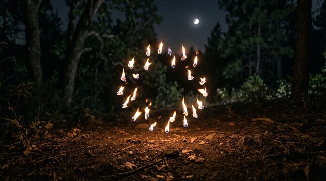 Mesmerizing ring of fire floating in a dark night forest under a crescent moon