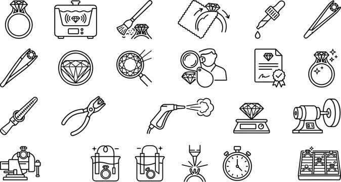 Jewelry manufacturing and repair vector icon set featuring diamond ring appraisal, ultrasonic cleaning machine, polish tools, scale, and tweezers.
