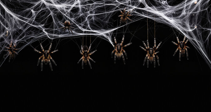 Real creepy spider webs on black banner as a top border with tarantulas hanging from the webs
