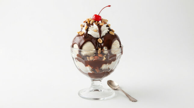 Chocolate Ice Cream Sundae with Rich Chocolate and Fresh Cherry in a Glass Cup, Delicious Sweet Cold Dessert with Creamy Texture Isolated on White Background