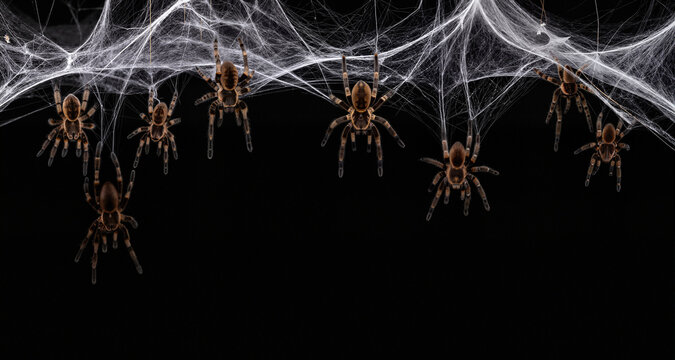 Real creepy spider webs on black banner as a top border with tarantulas hanging from the webs
