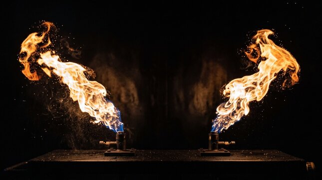 Symmetrical fire flames bursting from burners against a dark black background
