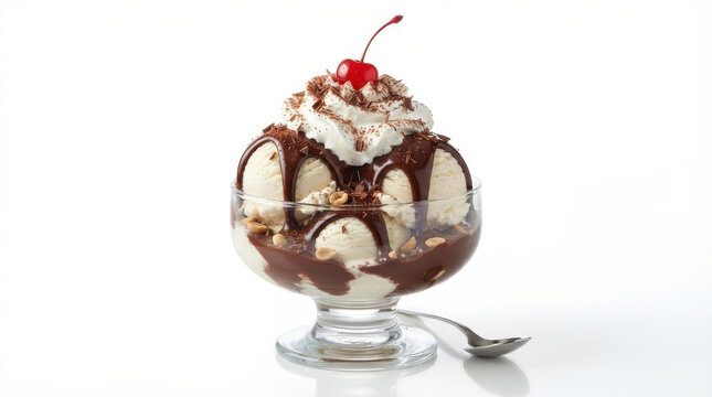 Ice Cream Sundae with Cherry and Chocolate in a Glass Cup, Creamy Sweet Dessert with Fresh Fruit, Gourmet Cold Treat Isolated on White Background