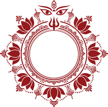 Durga Puja mandala frame with goddess eyes and trident icon