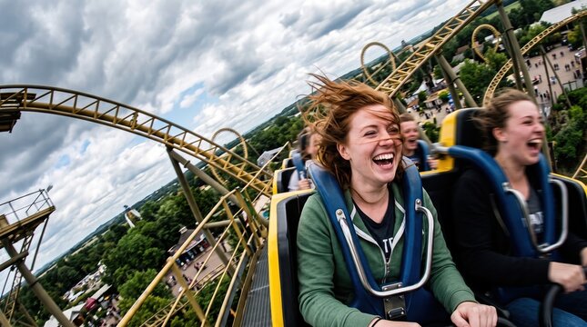 Excited thrill-seekers enjoying a roller coaster ride with bright blue skies