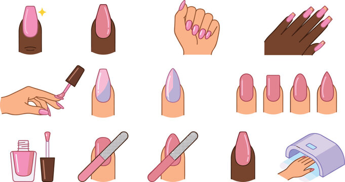 Manicure salon and nail care vector illustration set featuring polish application different shapes files and UV lamp technical equipment.